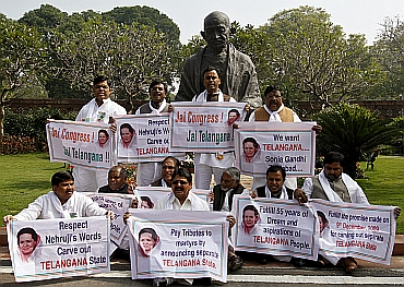 MPs hold posters demanding a separate Telangana outside the Parliament in February