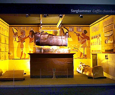 A model of Pharaoh Tutankhamen's coffin chamber is seen in the German premiere of the exhibition 'Tutankhamen-his grave and his treasures' in Munich's Olympic park.