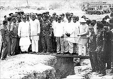 A file photograph of then Prime Minister Atal Bihari Vajpayee and Defence Minister George Fernandes at the site of the nuclear test in Pokhran on May 20, 1998