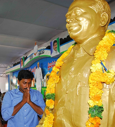 Jagan Reddy pays tribute to his father Y S Rajasekhara Reddy at the YSR Congress plenary