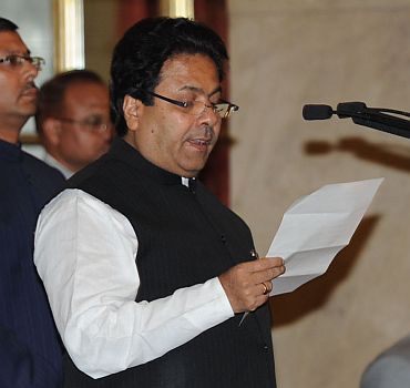 Newly appointed Minister of State for Parliamentary Affairs Rajiv Shukla at the swearing-in ceremony in Rashtrapati Bhavan on Tuesday