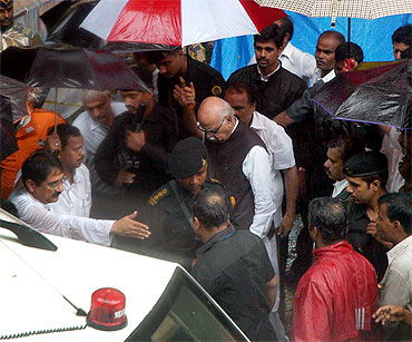 BJP leader L K Advani at a blast site