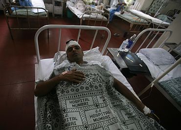 A blast victim at Mumbai's JJ Hospital, a day after the triple blasts, on Thursday.