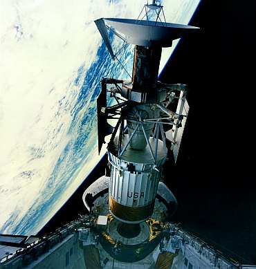 The Magellan spacecraft is deployed from the cargo bay of the Space Shuttle Atlantis (STS 30) in 1989. Magellan was the first planetary spacecraft launched from the space shuttle.