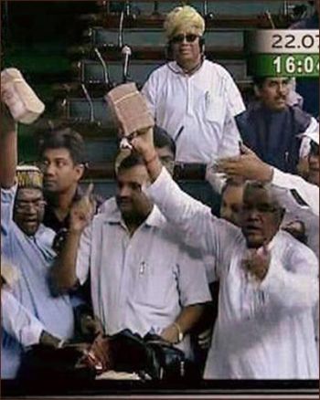 A television grab of the cash-for-votes incident in the Lok Sabha on July 22, 2008