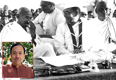 Mahatma Gandhi with Subhas Chandra Bose. Inset: Sugata Bose
