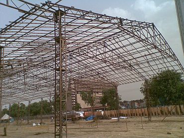Preparations for Baba Ramdev's fast underway at the Ramlila grounds in New Delhi