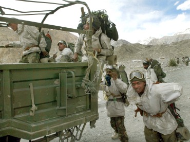 Indian soldiers near their base camp in Siachen