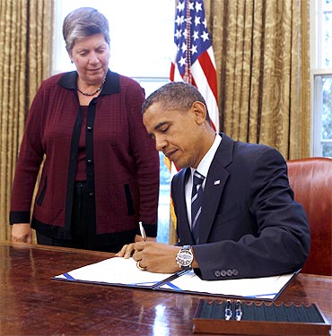 US President Barack Obama with US Secretary of Homeland Security Janet Napolitano