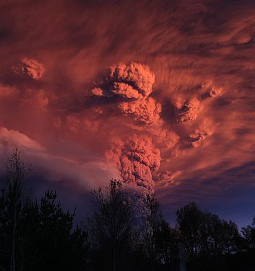 Plume of ash, estimated 10km high and three mile wide is seen after a volcano erupted in the Puyehue-Cordon Caulle volcanic chain
