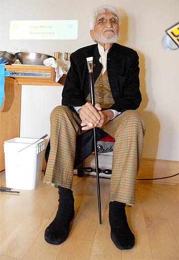 M F Husain on his 94th birthday in New York City