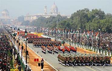 Soldiers march during the Republic Day parade in New Delhi