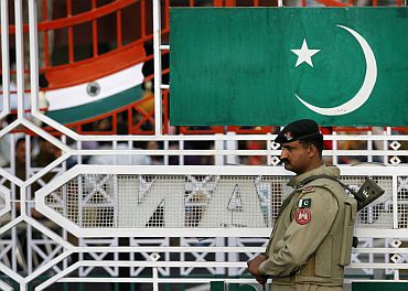 A Pakistani Ranger stands during a daily parade at the Pakistan-India joint check post at Wagah border