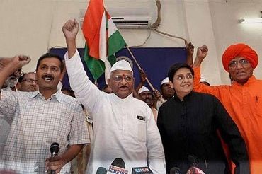 (From left) Social activists Arvind Kejriwal, Anna Hazare, Kiran Bedi and Swami Agnivesh in New Delhi