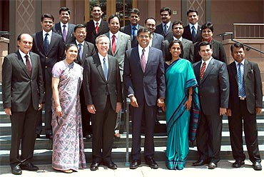 Visiting Indian parliamentarians pose for shutterbugs at Yale