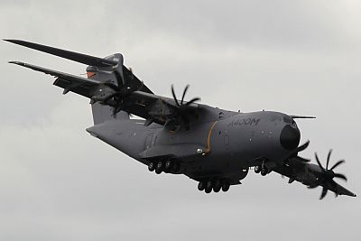 An Airbus A400M military aircraft lands at Le Bourget airport