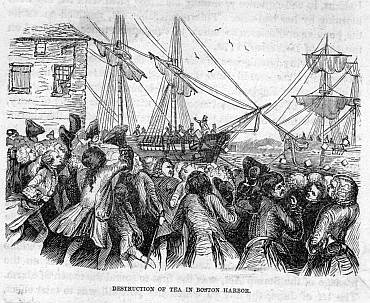 Rioters dressed as American Indians throwing boxes of tea into Boston Harbour, while being urged on by a mob of Bostonians