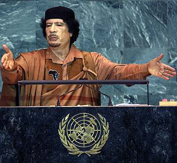 Libyan leader Muammar Gadaffi speaks at the United Nations General Assembly
