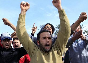 Protesters chant anti-Gaddafi slogans in the Tajoura neighbourhood of Tripoli