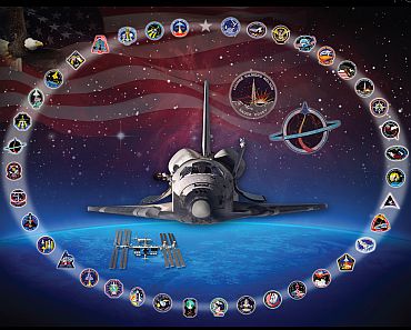 Discovery is shown circled by its 39 mission patches -- including the patch for its final flight, STS-133. The background image was taken from the Hubble Space Telescope, which launched aboard Discovery on STS-31 and serviced by Discovery on STS-82 and STS-103