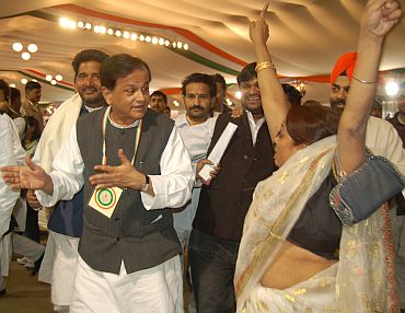 CWC member Ahmed Patel (centre) with supporters at the Congress plenary session in Burari