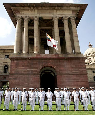 Indian Navy sailors ready to present a guard of honour to Bangladesh's chief of naval staff