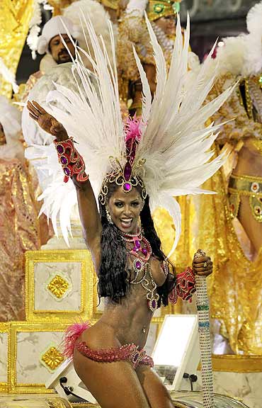 Revellers of the Imperatriz Leopoldinense samba school participate in the annual Carnival parade in Rio de Janeiro's Sambadrome