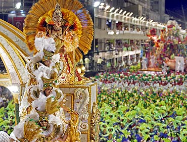 Revellers of the Imperatriz Leopoldinense samba school participate in the annual Carnival parade in Rio de Janeiro's Sambadrome