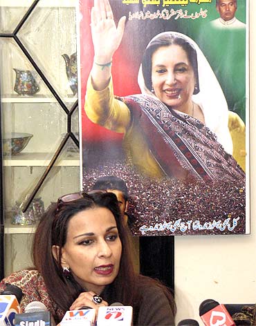 Pakistan Peoples Party leader Sherry Rehman talks to media about former Pakistan PM Benazir Bhutto