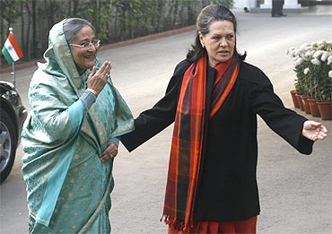 Bangladesh's Prime Minister Sheikh Hasina with Sonia Gandhi