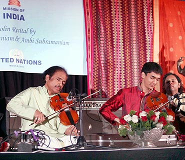 Violin maestros L Subramaniam and Ambi Subramaniam perform at UN headquarters