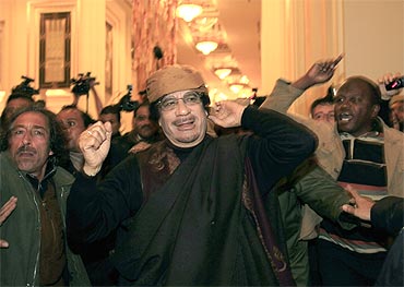 Libya's leader Muammar Gaddafi at a hotel in Tripoli