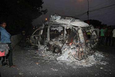 The charred remains of a TV channel's OB van in Hyderabad