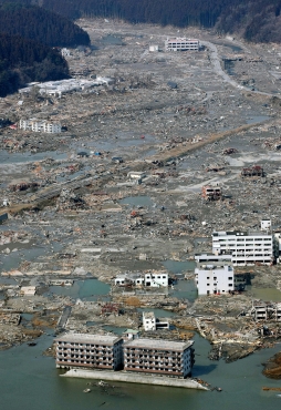 A swath of destruction caused by a tsunami is pictured in northern Japan