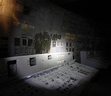 A view of the control centre of the damaged fourth reactor at the Chernobyl nuclear power plant