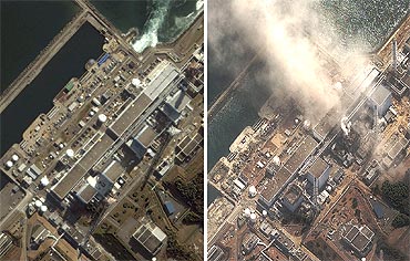 A combination of handout satellite images show the Fukushima Daiichi nuclear plant on November 21, 2004 (left) and on March 14, 2011 (right) as the No.3 nuclear reactor is burning after a blast following an earthquake and tsunami