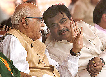 Senior BJP leader L K Advani with party president Nitin Gadkari