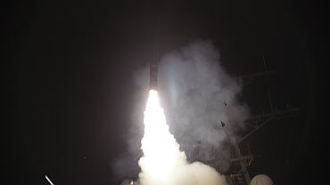 Arleigh Burke-class guided-missile destroyer USS Stout (DDG 55) launches a Tomahawk missile in support of Operation Odyssey Dawn in the Mediterranean Sea