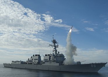 File photograph of guided-missile destroyer USS Preble (DDG 88) conducting an operational tomahawk missile launch