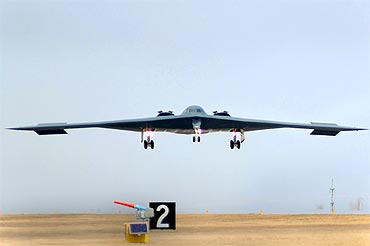 A B-2 Spirit bomber returns to home base after an airstrike on Libya