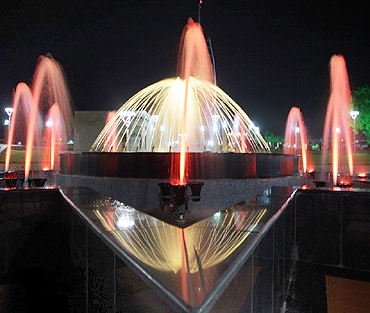 The fountains light up during the night