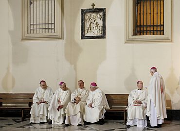 Irish Bishops wait for the beginning of a memory mass led by Cardinal Sean Brady at St Patrick's church in Rome