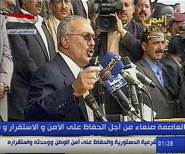 Yemeni President Ali Abdullah Saleh speaks to his supporters in Sanaa in this videograb