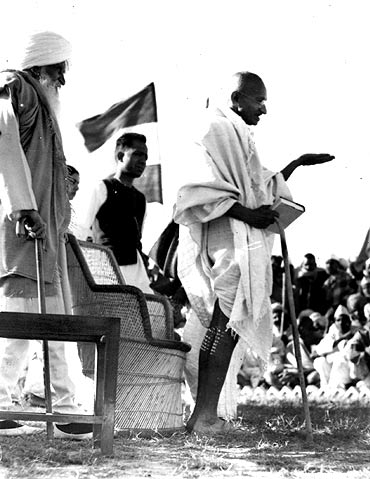 Mahatma Gandhi speaking at a rally