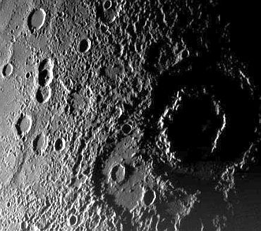 A view of the planet Mercury's rugged, cratered landscape in an image from the Messenger Spacecraft