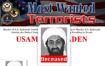 A screen grab from FBI's Most Wanted website shows the status of bin Laden as deceased