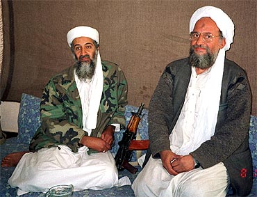 bin Laden sits with Al Qaeda's top strategist and second-in-command Ayman al-Zawahri