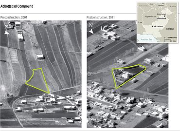 Aerial views, released by the US Department of Defence, show before (left) and after (right) views of the compound that bin Laden was killed in on Monday in Abbottabad