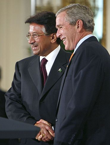 Then Pakistan and US presidents Pervez Musharraf and George W Bush in Washington, DC