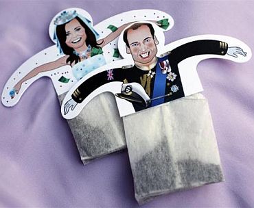Souvenir teabags with depictions of Britain's Prince William and Kate Middleton are seen in London